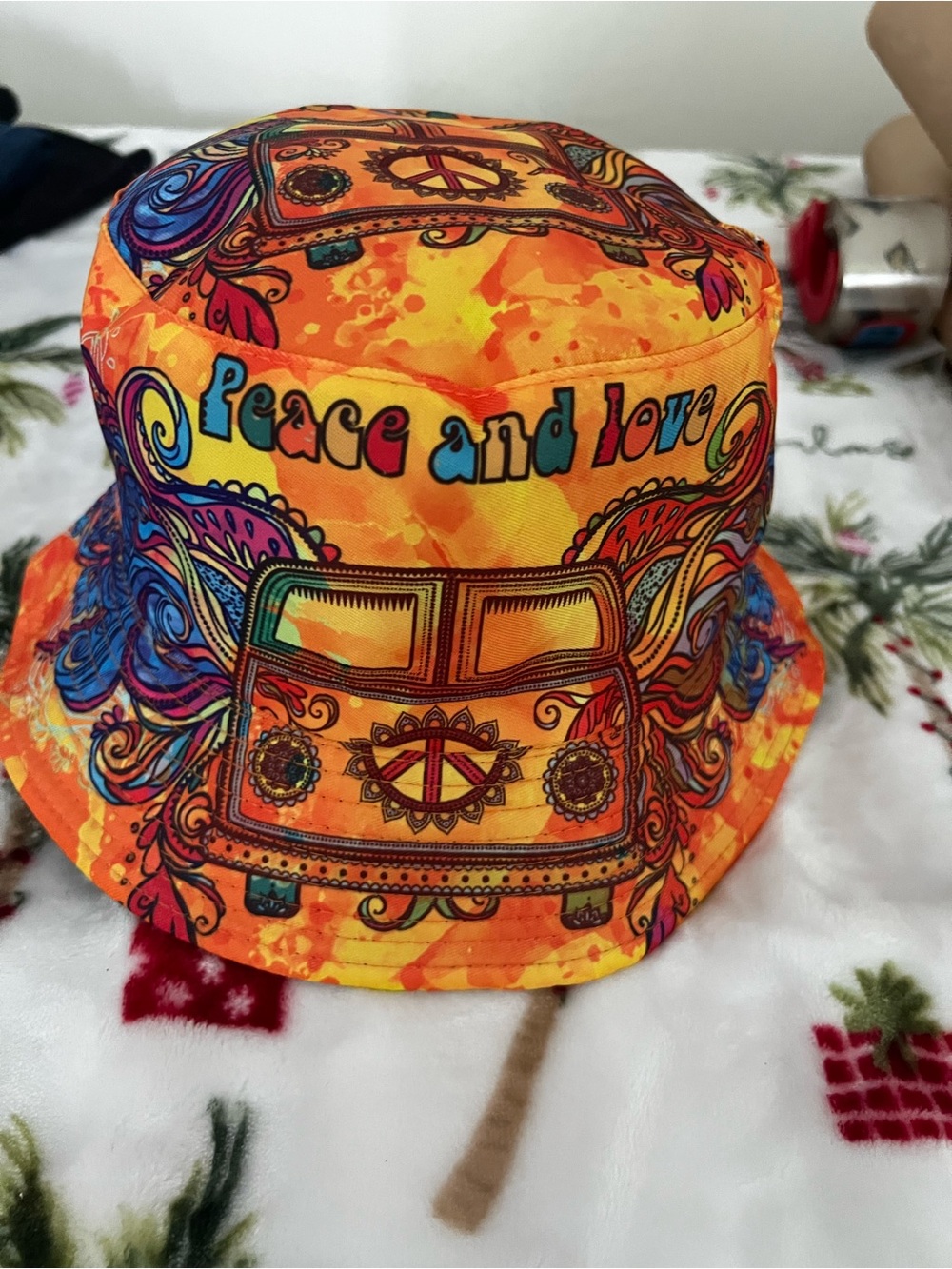 Orange 'Peace and Love' Bucket Hat Tribute to Deadheads and Hippies